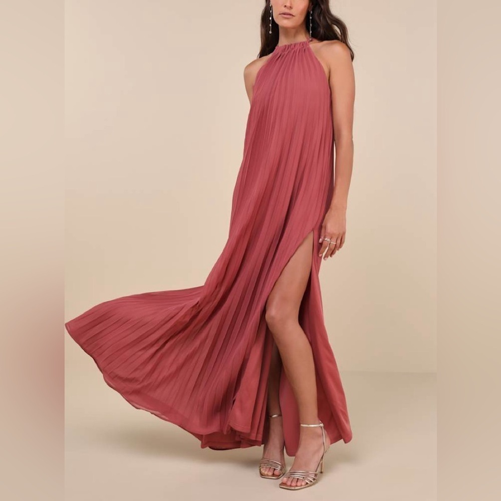 Lulu's Rosewood Halter Pleated Maxi Dress with High Slit